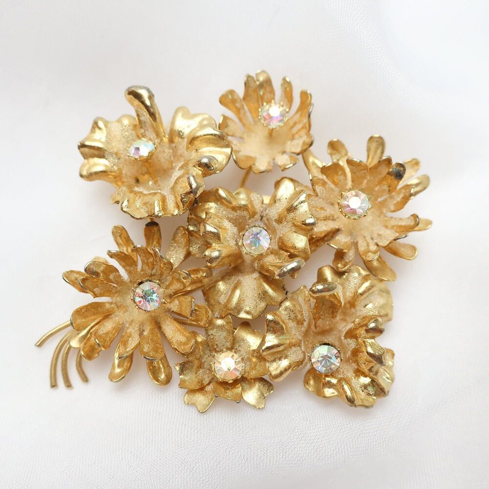 Vintage Austria Signed Gold Tone Aurora Borealis AB Crystal Flower Brooch Pin
